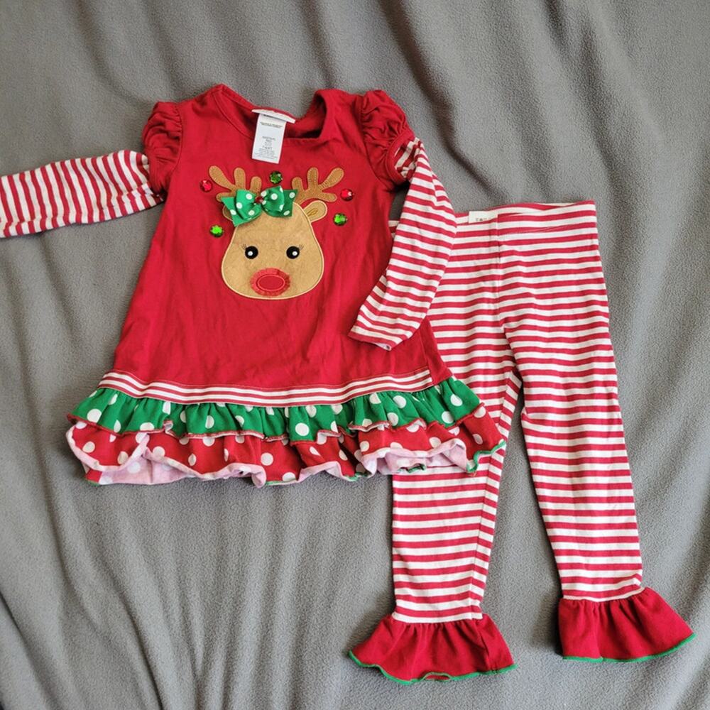 Bonnie Jeans Baby Girls Reindeer Christman Outfit 4T Striped Ruffles 2PC